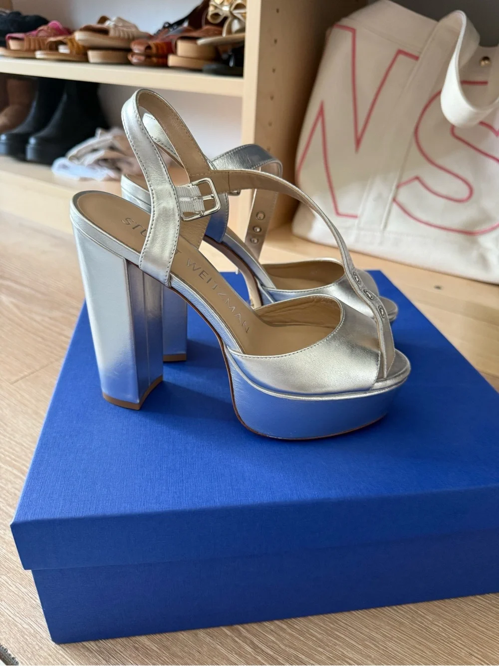 New Stuart Weitzman Silver Metallic Platform Sandals